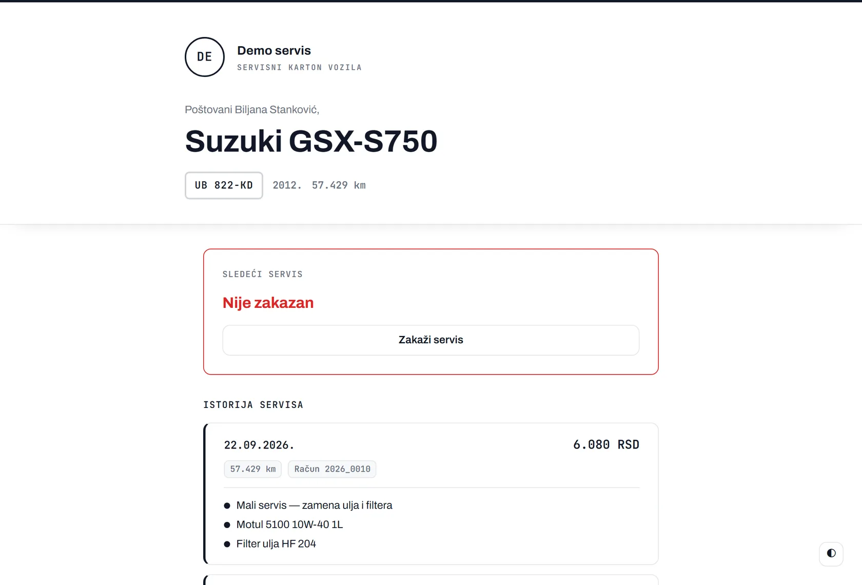 Servisni karton vozila za mušteriju